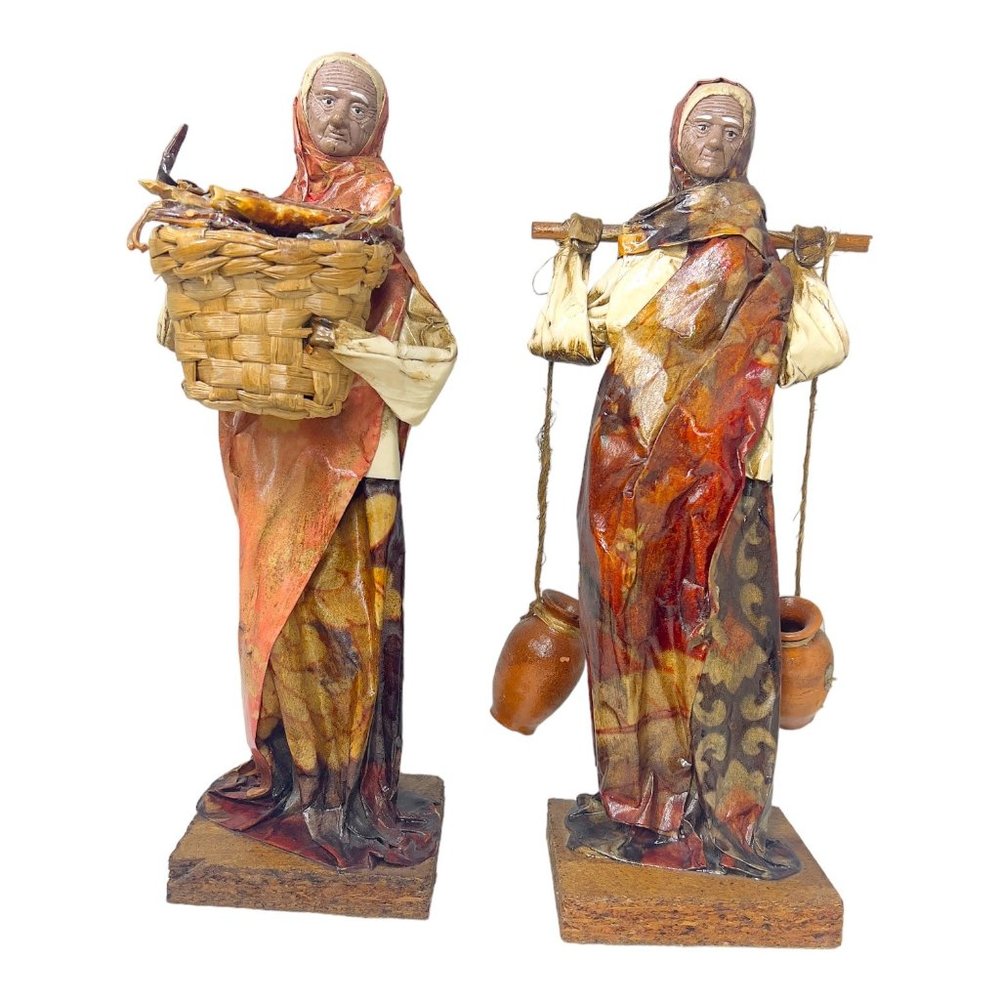 Mexican Folk Art Figurines Handmade Paper Mache & Corn Husk Set of 2